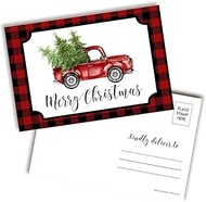 Red & Black Plaid With Pickup Truck Merry Christmas Blank Postcards To Send To Friends & Family, 4"x