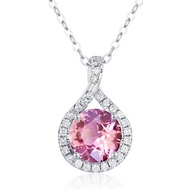 粉紅藍寶石鑽石水滴項鍊-14k白金多層次頸鏈-簡約星球吊墜-生日石