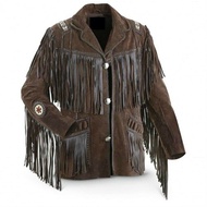 Western Cowboy Leather Jacket for Men's Fringe & Bead Work Coat Native American Wears -Dark Brown