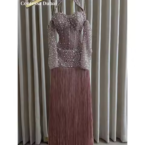 Contessa Custom Pink Sweetheart Evening Dress Sheer Mesh Crystal Prom Dresses Tassel Vestidos De Noc