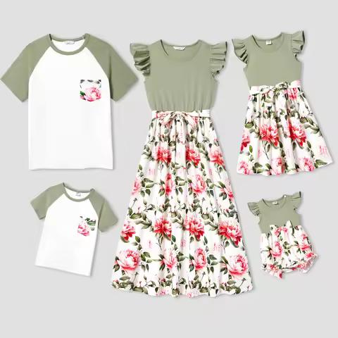 PatPat Matching Family Raglan-Sleeve T-shirt and Flutter Shoulder Floral Dress Sets