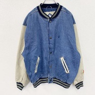 90年代古著GEAR牛仔運動夾克，復古靛藍和米色，L碼