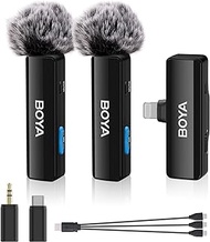 BOYA BOYALINK A2 Wireless Lavalier Microphone for iPhone/Android/Camera Vlogging, All-in-One Lapel Dual Mic System &amp; Lightning &amp; USB-C Inputs for Smartphones/DSLR YouTube Facebook Live