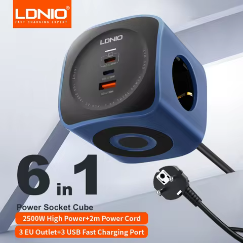 LDNIO European power strip cube power socket 65w fast charging station USB-C USB-A 3 outlet power to