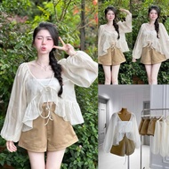 Bigsize Set of long-sleeved bow-tie chiffon blouse 3 Piece with Shorts 55-95kg S632