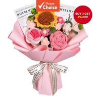 Crochet Floral Bouquet, Knitted Pink Sunflower Rose Daisy Bouquet For Mothers Fathers Day Graduation