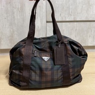 PRADA 咖啡 格紋  尼龍 鎖頭 行李袋 登機包 登機袋 手提包 購物袋 肩背包 側背包