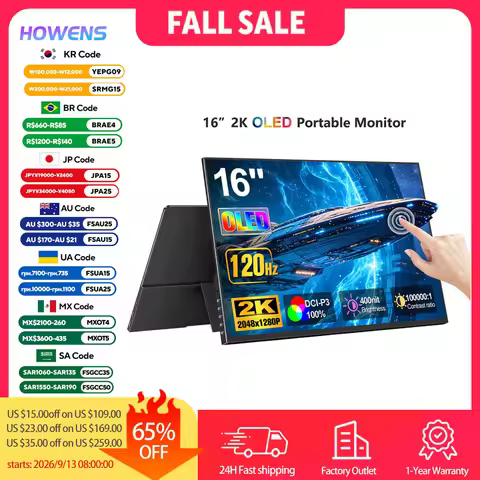 OLED Portable 16" 2K 120Hz Gaming Monitor Touch Screen Ultra-Slim External Display HDMI/USB-C for La