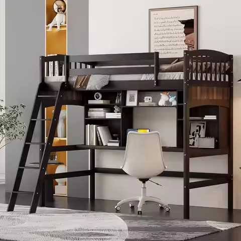 Loft Bed Twin Size, Twin Loft Bed With Desk, Solid Wood Twin Size Loft Bed Frame With Shelves, Espre