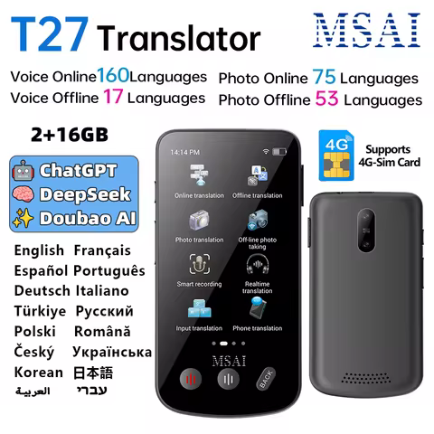 MSAI T27 160 Languages Translator Device 4G Sim 2+16GB Voice Photo Translate AI Real Time Online Off