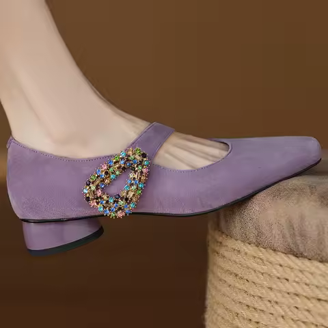 Women's natural suede leather crystal buckle square toe slip-on Mary Jane pumps 3.5cm thick med heel