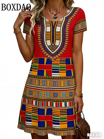 Elegant Plus Size Women's O-Neck Striped 3D Printed Short Sleeve Dresses Loose Fashion Summer Casual