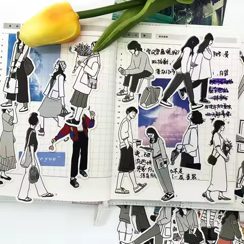 51pcs Cute Girl's Happy Life Character Boy Handbook Sticker Material Package Set Simple Ins Style Sc