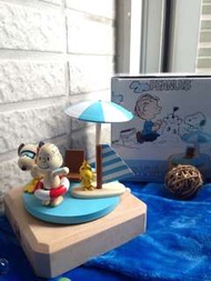 ( Snoopy ) Snoopy &amp; Friends 木頭旋轉音樂盒 夏日海攤 含木頭立體公仔3個