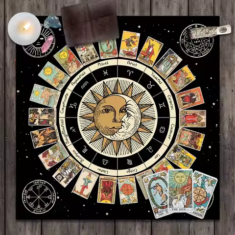 Tarot Card Tablecloth, Altar Cloth, Wheel Of The Zodiac Astrology Chart Sun Moon, Witchcraft Oracle 