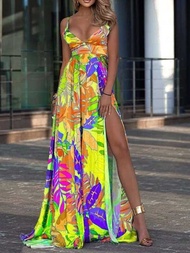 A Color Print Spaghetti Strap Long Dresses Women . Deep V-Neck Backless Slit Dress Fashion Bohemi