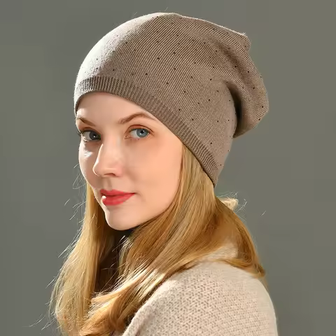 Jaxmonoy Women's Autumn Rhinestone Hats Natural Raccoon Fur Beanies Winter Warm Caps Real Fur PomPom