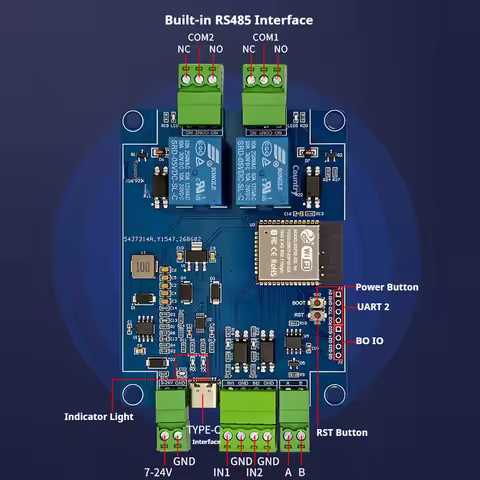 ESP32 2 Channel Relay RS485 Modbus Module 2IN 2OUT Optocoupler Isolation WiFi BT CH340 Type-C & 7-24