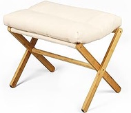 ybaymy Bamboo Folding Footrest Stool, Vanity Chair Stool with X Legs, Foldable Ottoman with Thick Cotton Cushion, Shoe Bench, Modern Padded Vanity Seat Foot Rest Stool for Home Living Room Bedroom