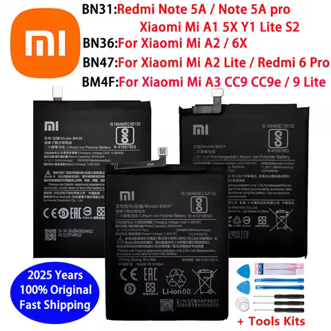 2025 Years Original Battery For Xiaomi Mi A1 A2 A3 Y1 9 Lite S2 5X 6X CC9 CC9e Redmi Note 5A 6 Pro B