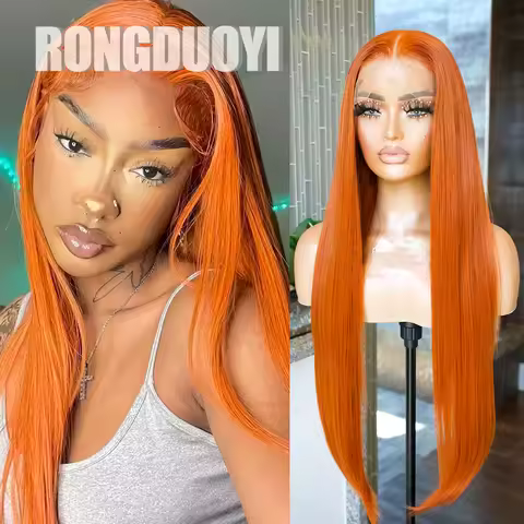 RONGDUOYI Orange Straight Synthetic Wig Middle Part 13×4 Lace Front Natural Hairline Wigs Women Cosp