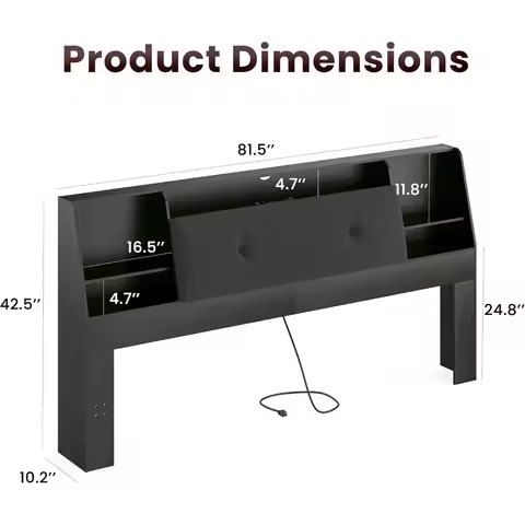 Wood Bookcase Headboard with Charging Station & 2 LED Lights (Black, King-Soft)