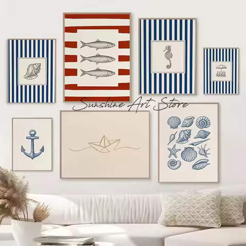 Vintage Coastal Wall Art Summer Vocation Beach Seashell Sardine Drawing Art Poster Canvas Painting W