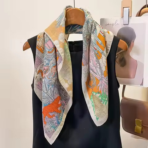 68×68CM Oil Painting Cotton and Linen Feel Ladies Small Square Scarf Fashion Versatile Printed Scarf