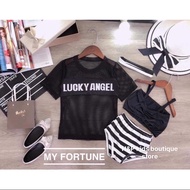 (Tặng băng đô tóc) Bikini 3 chi tiết cho bé gái kèm áo lưới đồ bơi cho bé 10-22kg