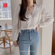 镂空蕾丝V领衬衫 | Korean Women V Neck White Lace Top Office Lady Hollow Long Sleeve Blouses | OL通勤&日常优雅百搭 S
