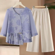 Ai2 Noble Mother Suit - Summer Short Sleeve Top & Pant Set for Large Sizes