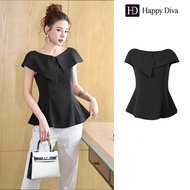 Happy Diva เสื้อยืดแขนสั้นผู้หญิงสีดำแบบลายเดียวปกคอรอบซัมเมอร์ 45235