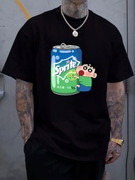 Sprite Can with Cartoon Character Printed Men's T-Shirt Black