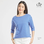 เสื้อยืด เสื้อยืดผู้หญิง GSP Blouse Lucky Stripes Short Sleeve Blouse เสื้อยืดแขนยาวลายริ้วสีขาวกรม (PYATDB)