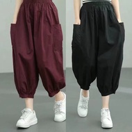 Plus Size L-6XL Women's 7/10 Cargo Pants Solid Color Elastic Waist Casual Spring Summer Female Sport