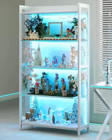 Display Case Led Lights Display Cabinet Glass Storage Shelves Tier Curio Cabinet Collectibles Open S