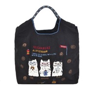 Kusuguru Japan 手提包 環保袋 日本刺繡尼龍購物袋 貓丸款 -黑色