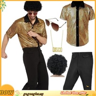 5 PCS Men's 70s Disco Outfit Costume Retro 80s Bell Bottom Pants short Sleeve Shirts