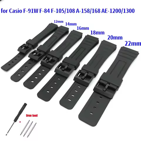 12 14 16 18 20 22mm Watchband For Casio F-84/F-91W/F-94/F-105 Black Resin Watch Bracelet Waterproof