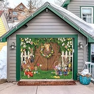 Easter Garage Door Cover Banner Decorations Backdrop 7x8ft Spring Easter Eggs Barn Wooden Door Green