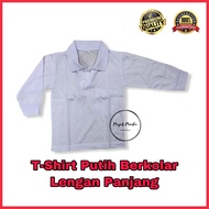 T-Shirt Putih Lengan Panjang White Berkolar Collar Plain Tshirt Baju Kosong Cotton