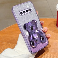Casing Samsung Galaxy S10 Plus S9 S8 Plus Teddy Bear Stand Bracket Glitter Phone Case Powder Soft Protective Case