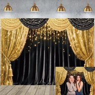 Black Gold Curtain Party Banner Backdrop Glitter Spots Theater Stage Bokeh Birthday Wedding Graduati