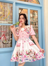 MYT x BLT BRAND : [BT462] : มินิเดรสน้องกระต่ายชมพูแต่งดอกไม้ขาว