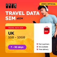 UK eSIM Card 7 - 15 days 1GB - 3GB  Data | 4G/5G | Zero1 2GO full speed Travel Data SIM