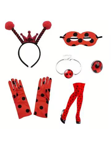 A Ladybug kit includes a ladybug costume with a headband with ladybug wings and a mask for Halloween