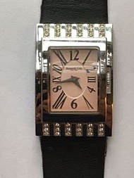 Kenneth Cole NEW YORK 白色施華洛世奇石仔全鋼方形粉紅色錶面黑色皮帶手錶