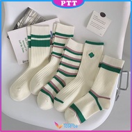 Kaos Kaki Panjang 6881 KaosKaki Motif Garis Belang Putih Hijau Kaus Kaki Gambar Clover Setinggi Beti