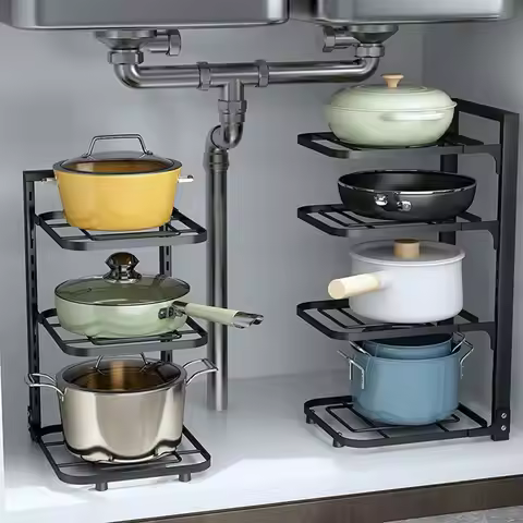 Adjustable Pot Rack Organizer, Kitchen Stainless Steel Pot Storage Rack ,Multi-Layer Household Pot a