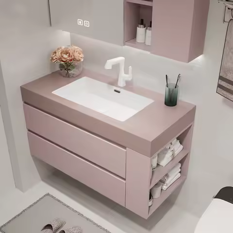 ！@Modern Pink Solid Wood Vanity Combo Bathroom Cabinet with LED Touch Illuminate Mirror Eco-friendly